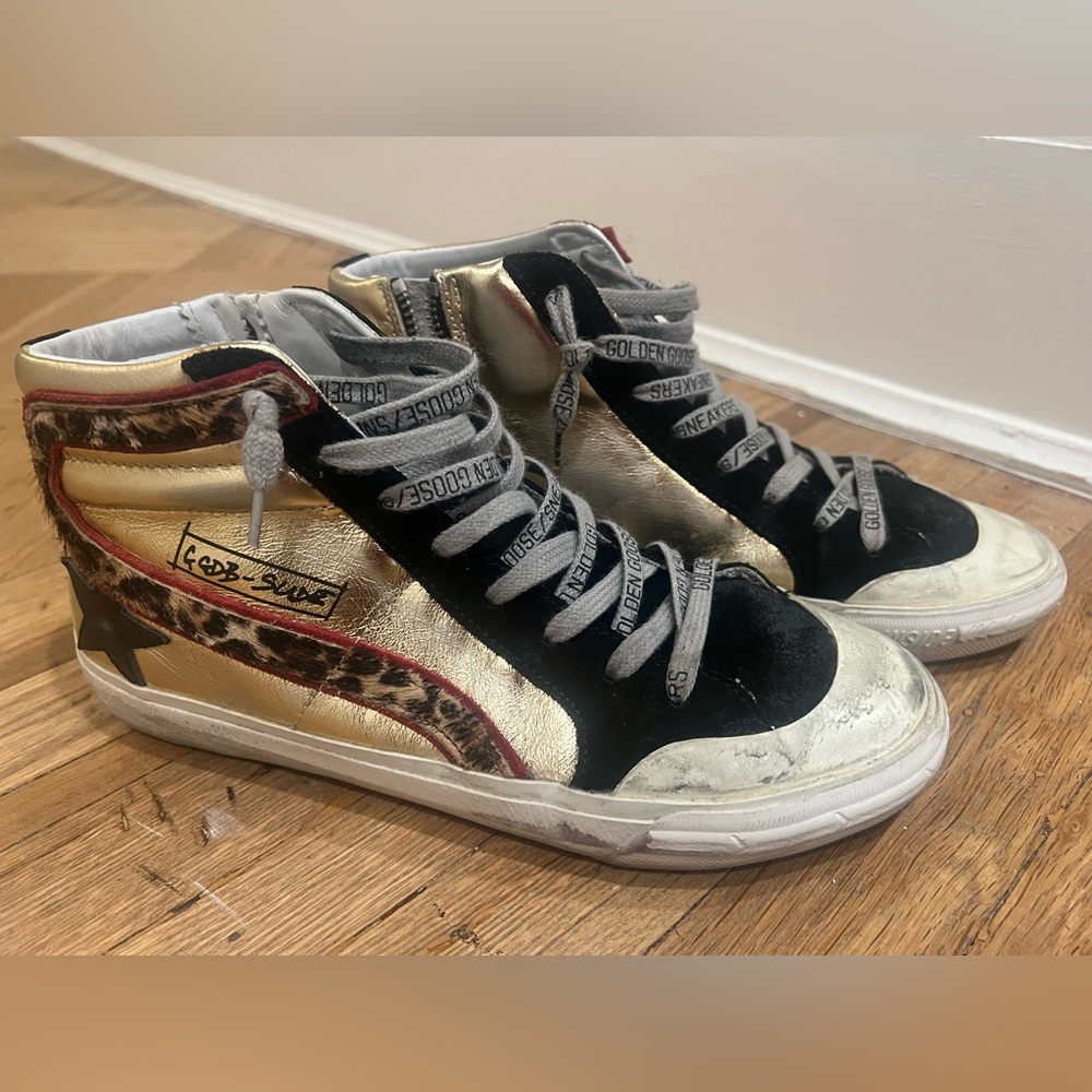 Golden Goose Slide with Gold and Black Leopard Accents Size 38/8
